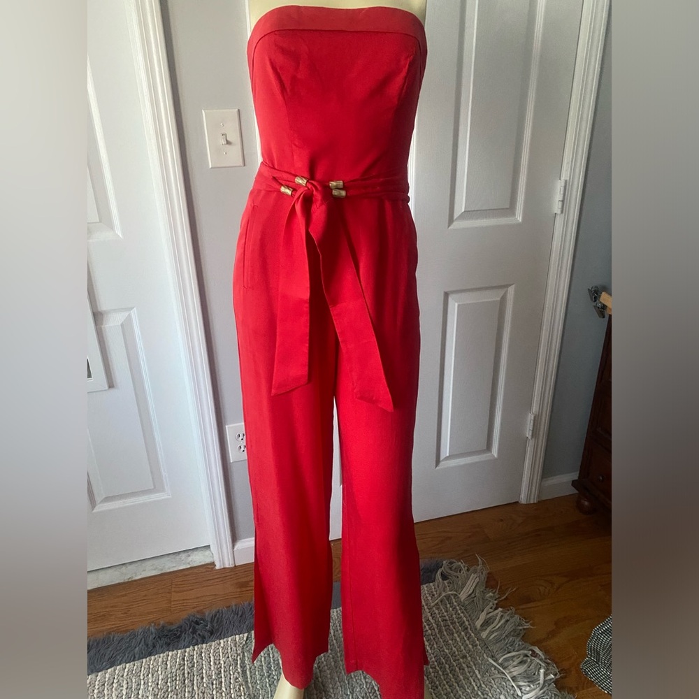 Vic PaulaHermanny  Serena Detail Strapless Red Jumpsuit with Waist Tie/ Size 2
